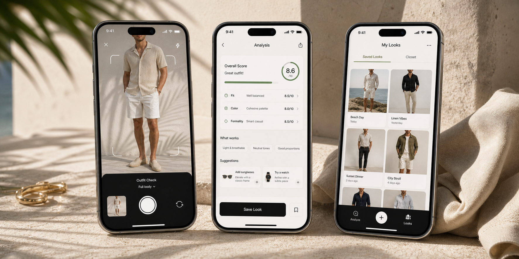 Three MyStyleKick iPhone screens showing summer outfit capture, analysis, and saved looks